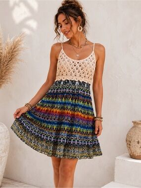 J Gee Boho Crochet Sundress M Festival Tiered Mini Dress Y2K Summer